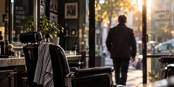 Hombre saliendo de una peluquería al atardecer después de cortarse el pelo