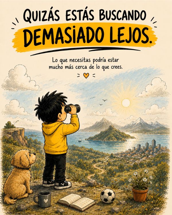 Edu observa el horizonte con binoculares junto a su perro bajo la frase «Quizás estás buscando demasiado lejos».