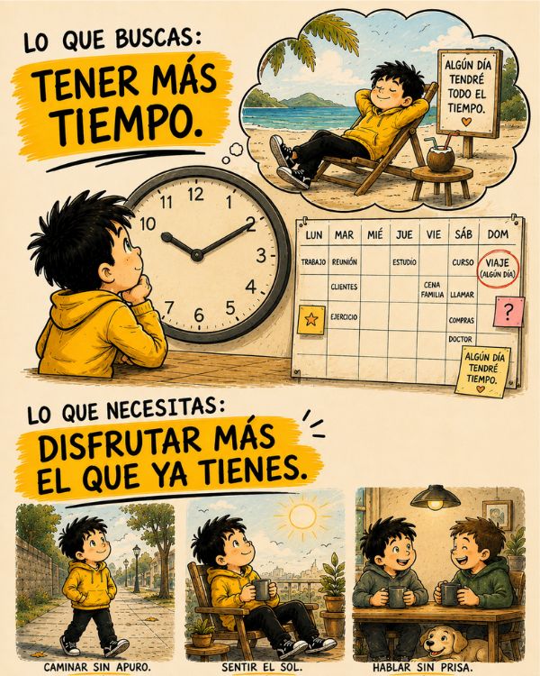 Edu mira un reloj y un calendario mientras reflexiona sobre disfrutar más el tiempo que ya tiene.