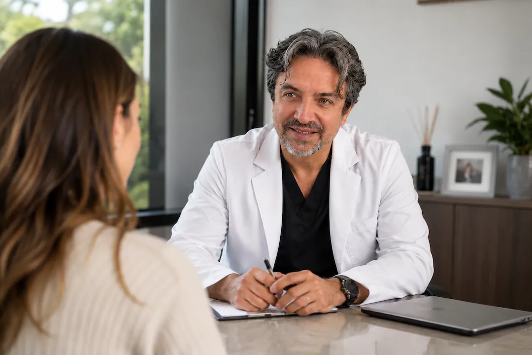 Consulta personalizada con Dr. Eduardo Oyarse Dr. Eduardo Oyarse conversando con una paciente durante una consulta médica personalizada.