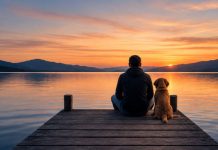 El verdadero lujo hoy es tener tiempo Hombre sentado junto a su perro frente a un lago al atardecer, disfrutando de un momento de calma