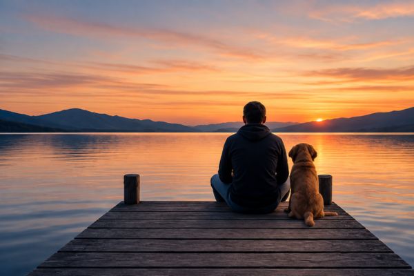 El verdadero lujo es tener tiempo Hombre sentado junto a su perro frente a un lago al atardecer, disfrutando de un momento de calma