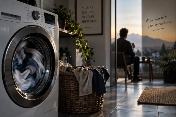 Lavadora girando como metáfora de estar en movimiento sin avanzar