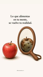 Manzana roja frente a un espejo que muestra una manzana deteriorada