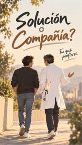 Dos personas conversando mientras caminan, una de ellas vestida de médico