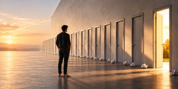 Hombre frente a una sucesión de puertas cerradas y una puerta abierta al final, como metáfora de la perseverancia