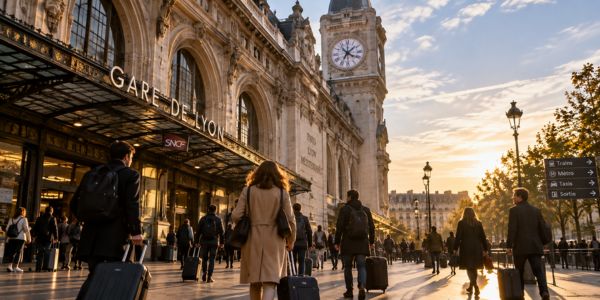 Por qué queremos vivir tanto? Personas caminando con sus maletas frente al reloj de la Gare de Lyon en París