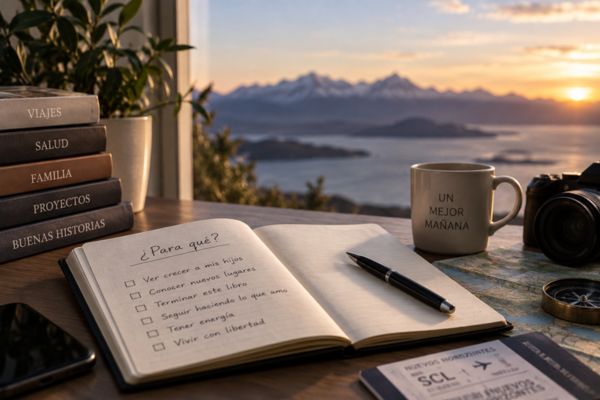 Cuaderno con razones para cuidarse y vivir mejor junto a libros sobre viajes, salud, familia y proyectos